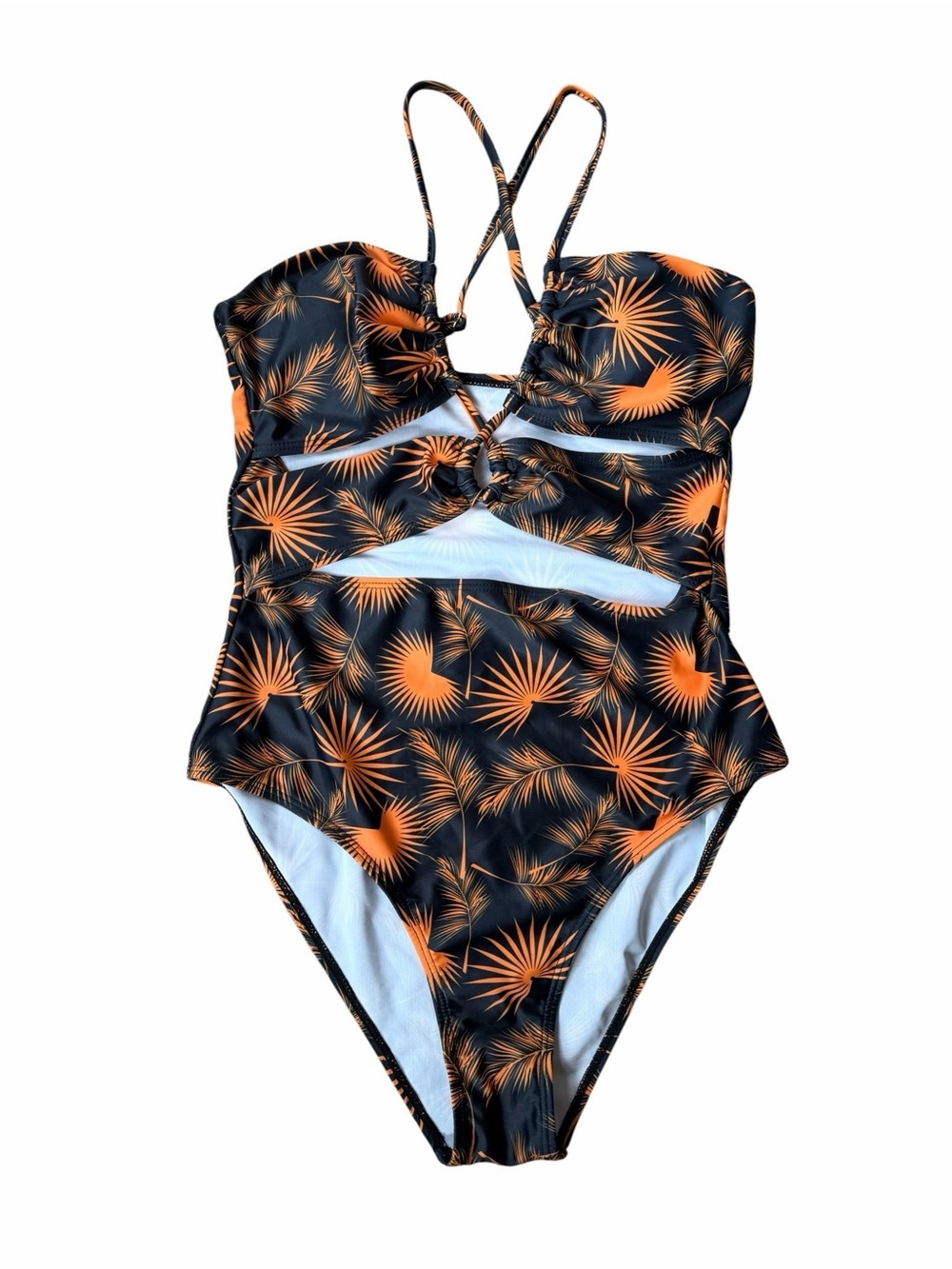 Eomenie Tropical Print One-Piece Swimsuit Palm Leaf & Sunburst Black & Orange M